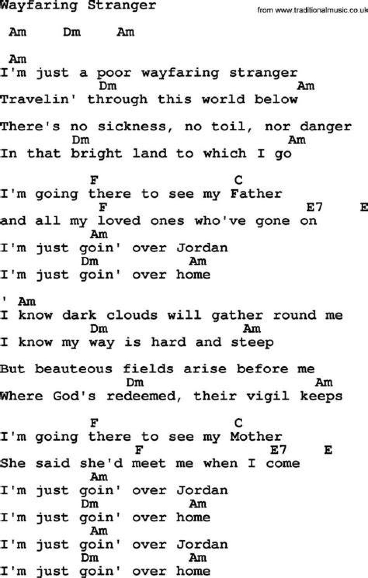 Wayfaring Stranger Lyrics ·